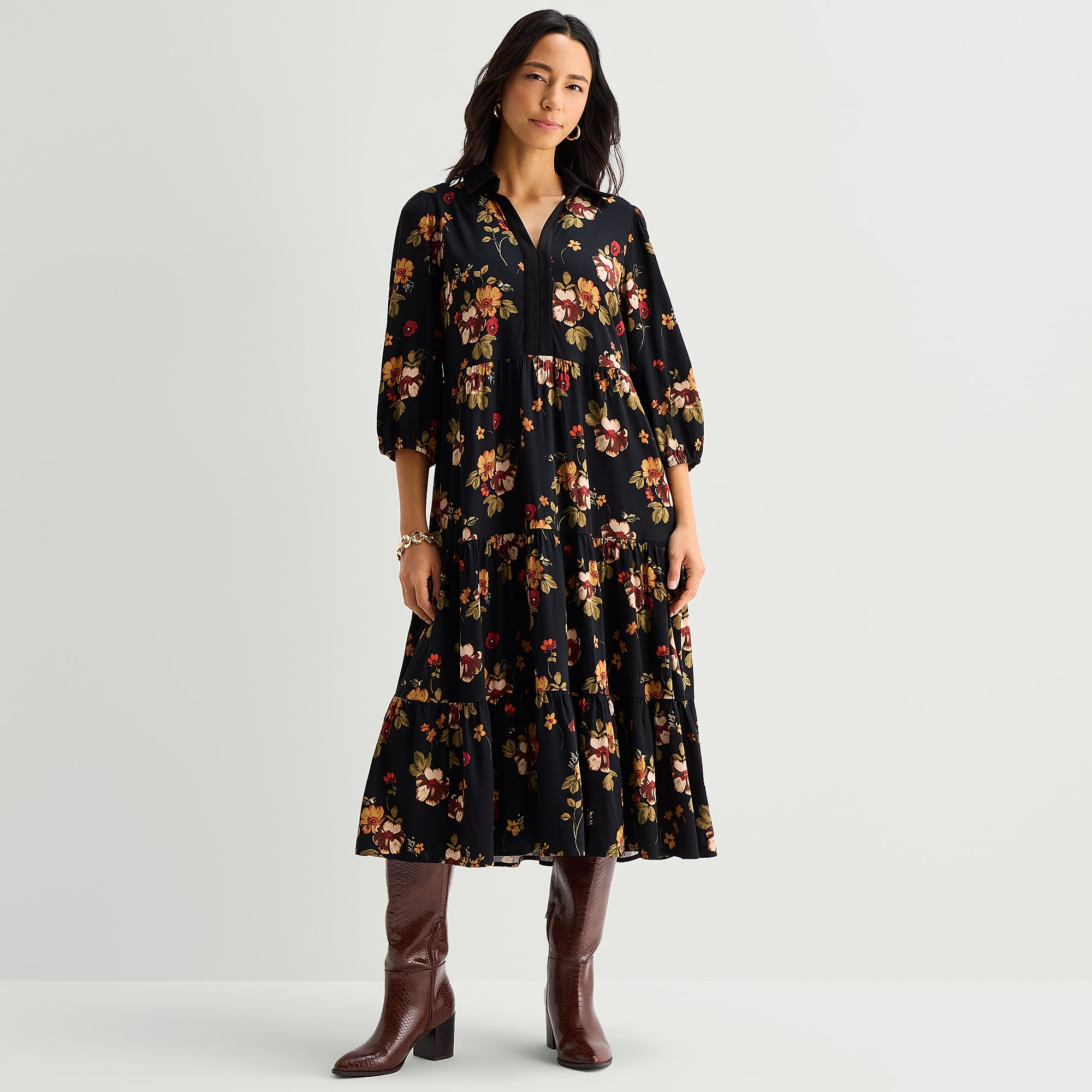 52seven Womens Midi V Neck 3/4 Sleeve Bishop Floral Fit + Flare Dress