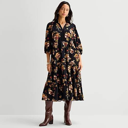 52seven Womens Midi V Neck 3/4 Sleeve Bishop Floral Fit + Flare Dress In Black