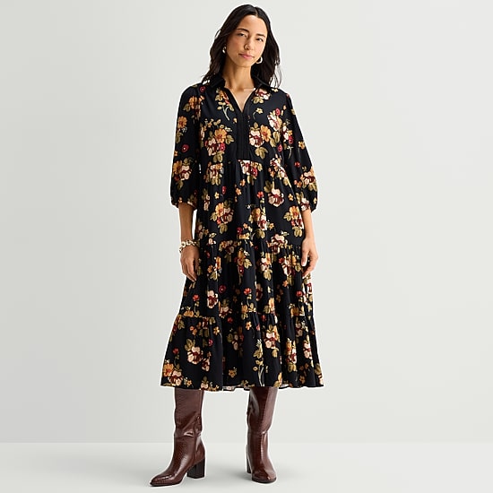 52seven Womens Midi V Neck 3/4 Sleeve Bishop Floral Fit + Flare Dress