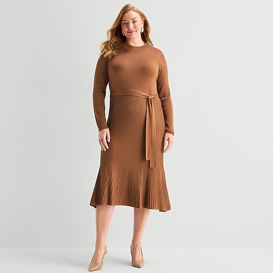 jcpenney christmas sweater dress 52seven Womens Plus Long Sleeve Midi Dress, Color: Luggage This Christmas transform yourself
