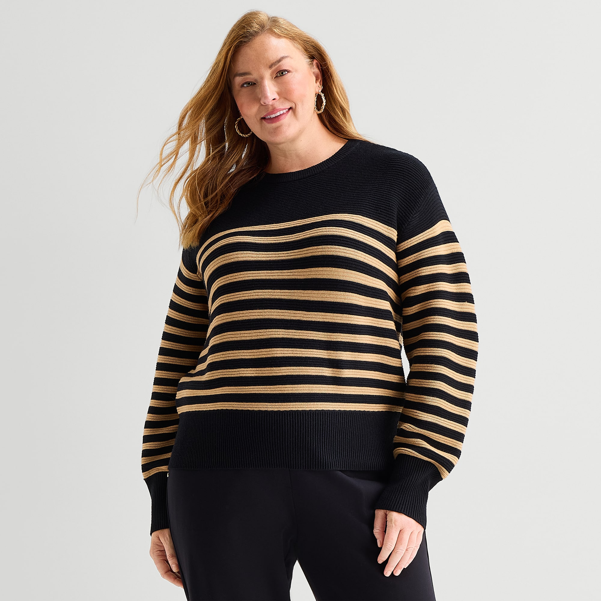 Liz Claiborne Plus Womens Crew Neck Long Sleeve Striped Pullover Sweater