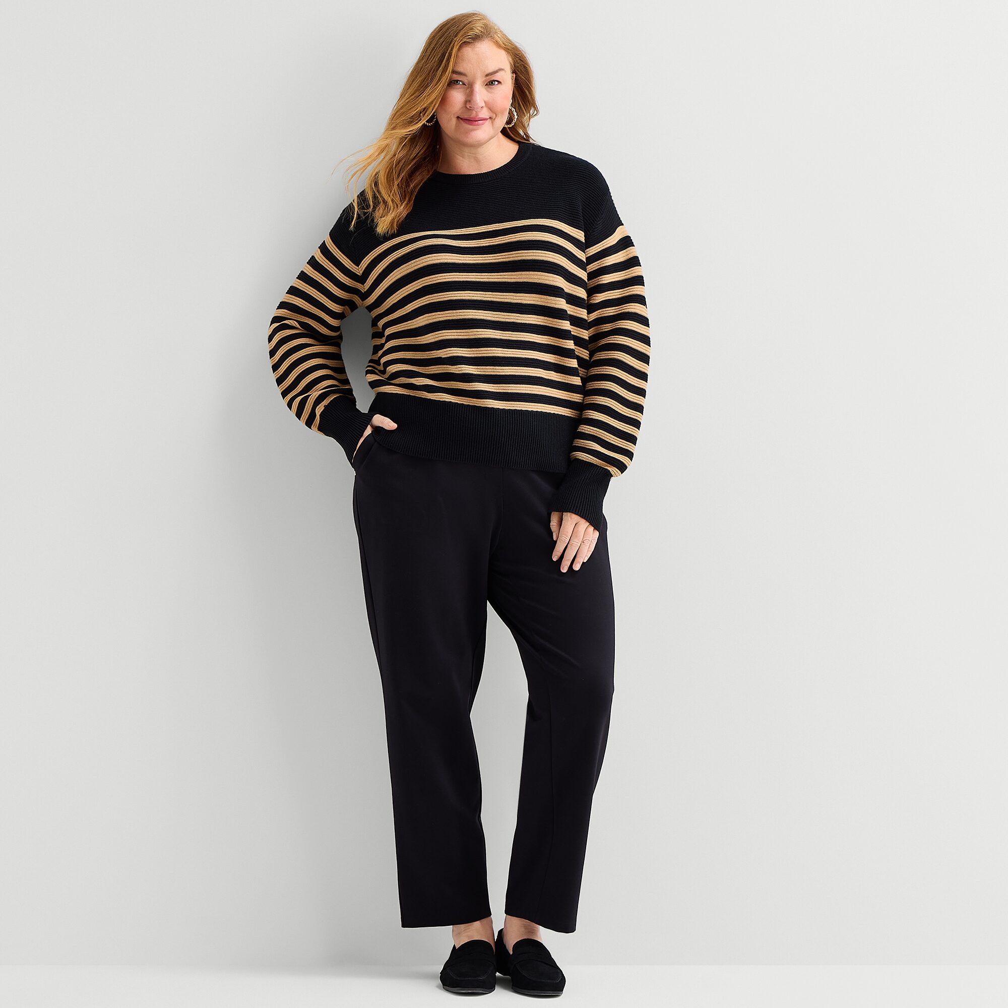 Liz Claiborne Plus Womens Crew Neck Long Sleeve Striped Pullover Sweater