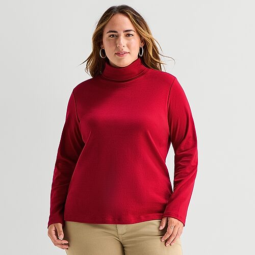 St. John's Bay Womens Plus Turtleneck Long Sleeve T-shirt In Red