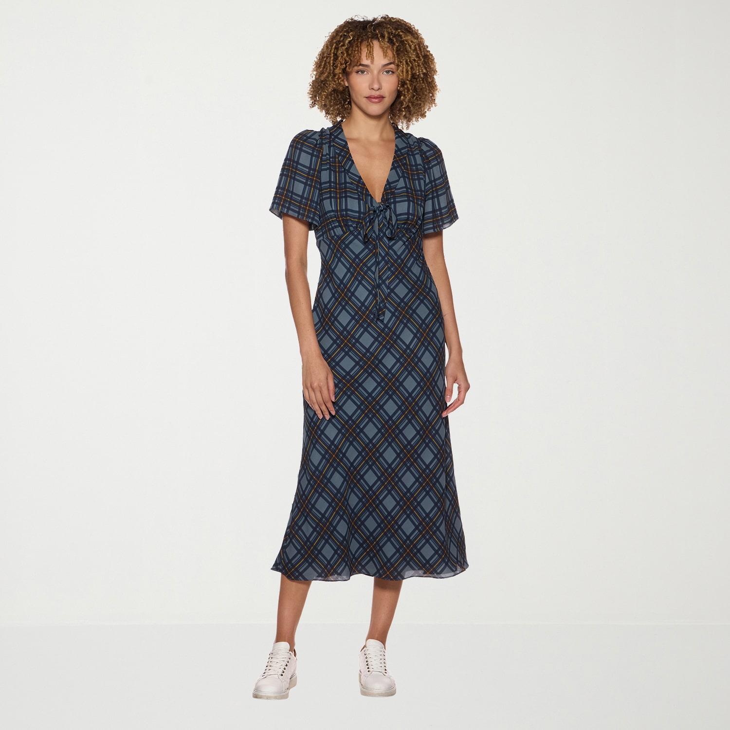 belle vie Womens Midi Short Sleeve Plaid Sheath Dress