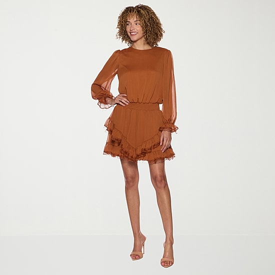 belle vie Womens Scoop Neck Long Sleeve Ruffled Chiffon Fit + Flare Dress
