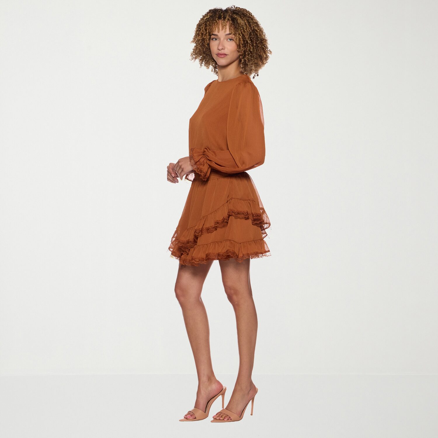 belle vie Womens Scoop Neck Long Sleeve Ruffled Fit + Flare Dress