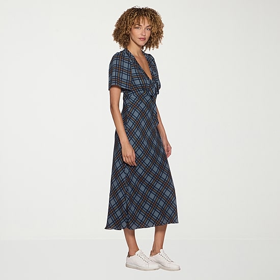 belle vie Womens Midi Short Sleeve Plaid Sheath Dress