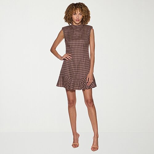 Belle Vie Womens Mock Neck Sleeveless Plaid A-line Dress In Brown