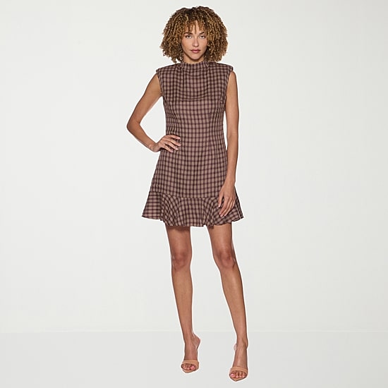 belle vie Womens Mock Neck Sleeveless Plaid A-Line Dress
