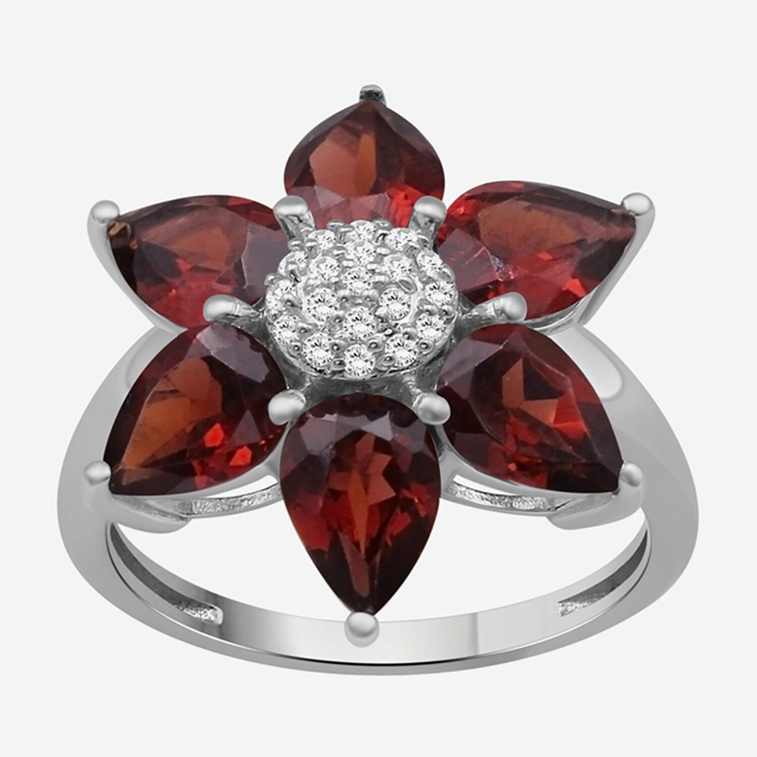 Limited Quantities! Womens Genuine Red Garnet Sterling Silver Flower Cocktail Ring