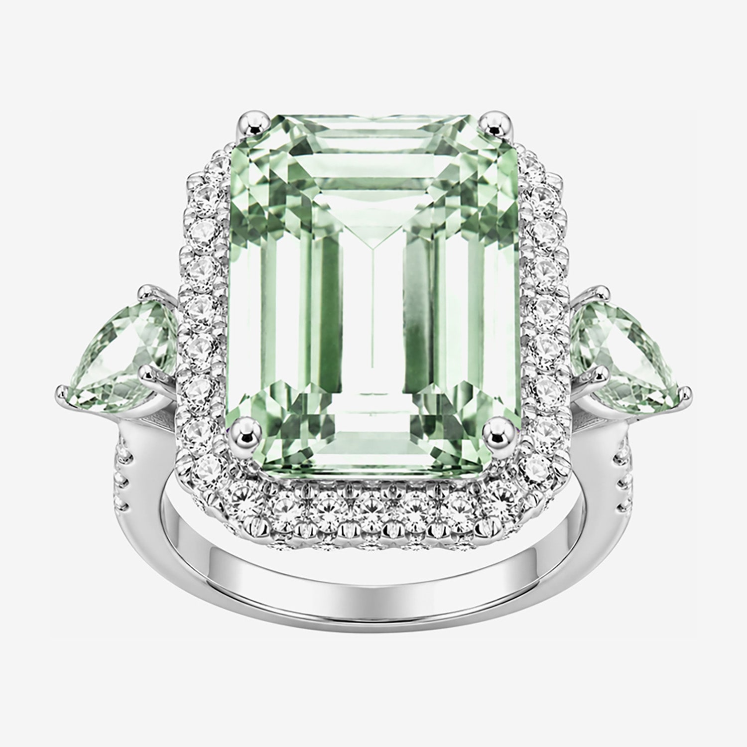 Womens Genuine Green Amethyst Sterling Silver Halo Side Stone Cocktail Ring