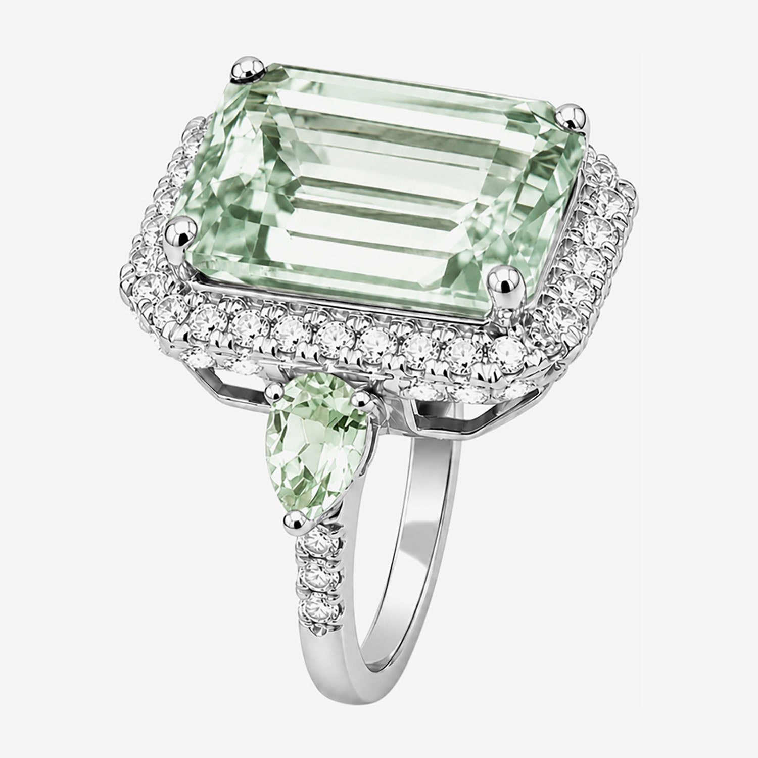 Womens Genuine Green Amethyst Sterling Silver Halo Side Stone Cocktail Ring