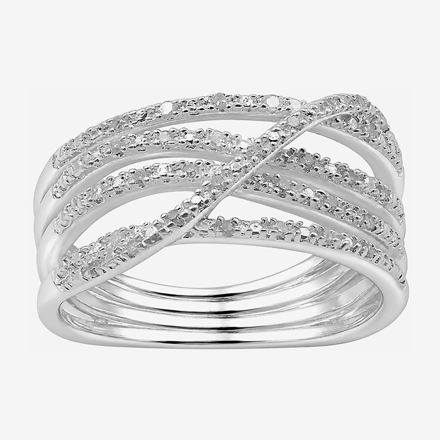 Limited Quantities! Womens 3.5MM 1/10 CT. T.W. Natural White Diamond Sterling Silver Crossover Band