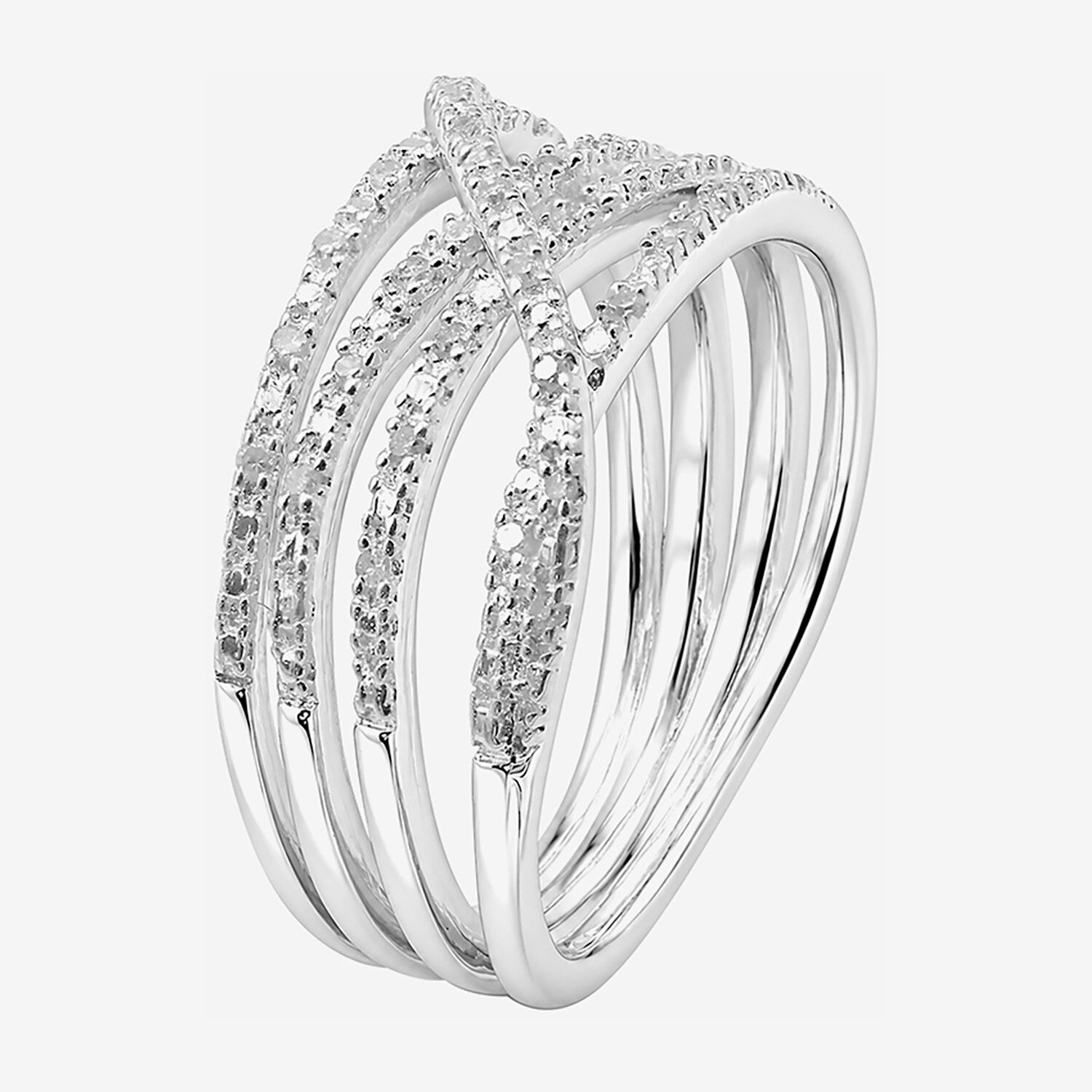 Limited Quantities! Womens 3.5MM 1/10 CT. T.W. Natural White Diamond Sterling Silver Crossover Band
