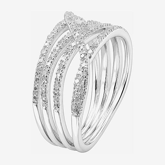 Limited Quantities! Womens 3.5MM 1/10 CT. T.W. Natural White Diamond Sterling Silver Crossover Band