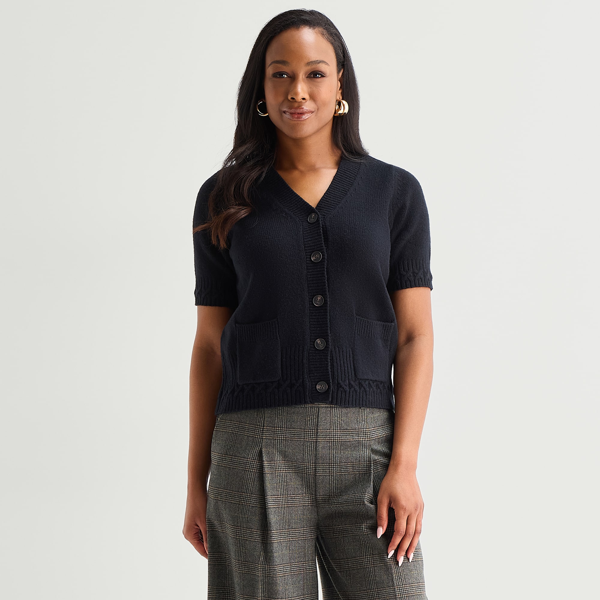 Liz Claiborne Womens V Neck Short Sleeve Button Cardigan