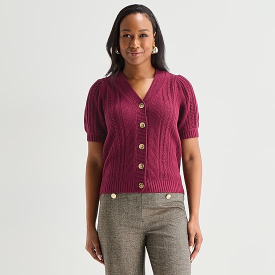 Liz Claiborne Womens V Neck Short Sleeve Button Cardigan