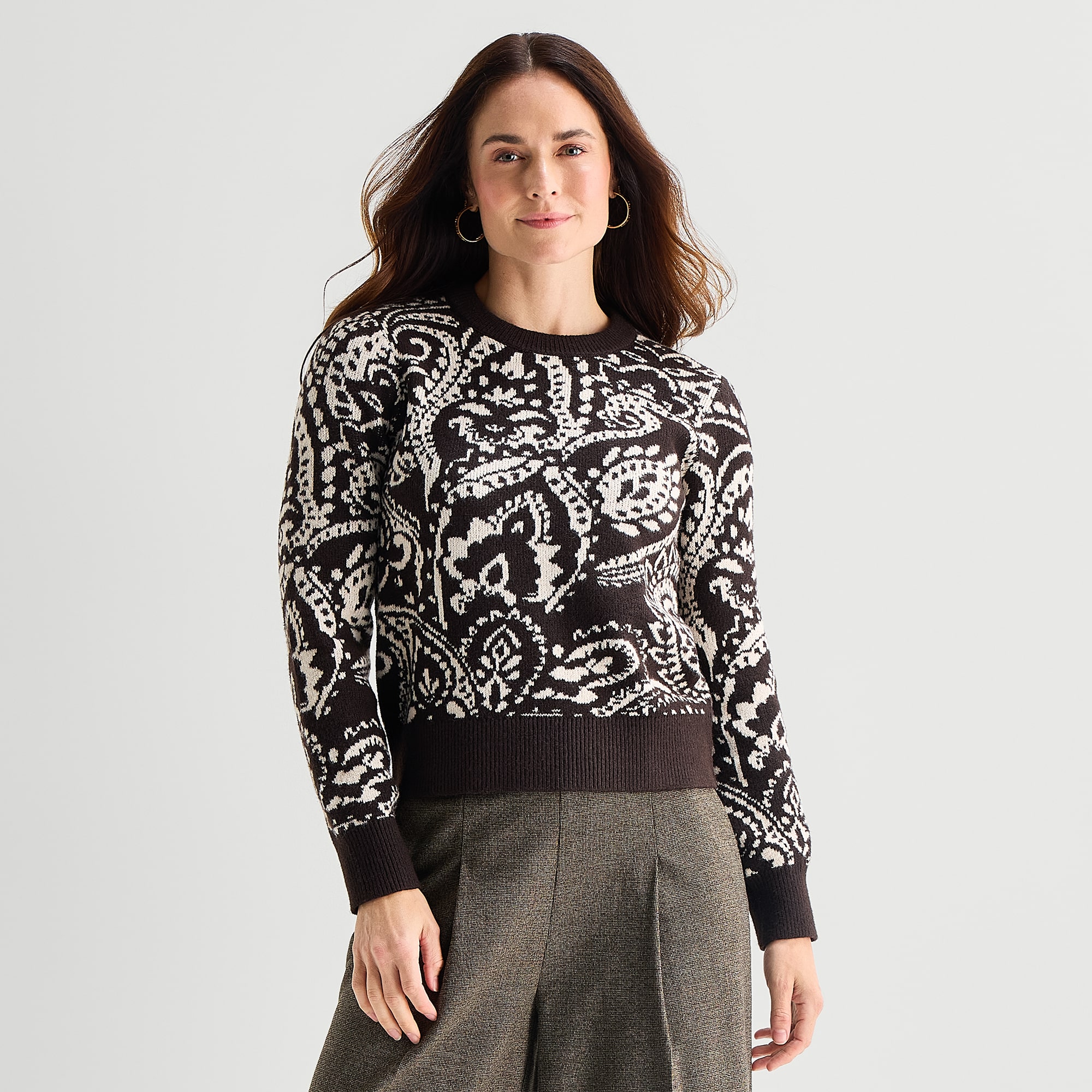Liz Claiborne Womens Round Neck Long Sleeve Paisley Pullover Sweater