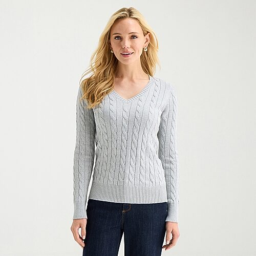 St. John's Bay Tall Womens V Neck Long Sleeve Cable Knit Pullover Sweater In Gray