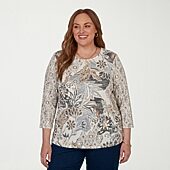 Alfred Dunner Classics Womens Plus Keyhole Neck 3/4 Sleeve T-Shirt