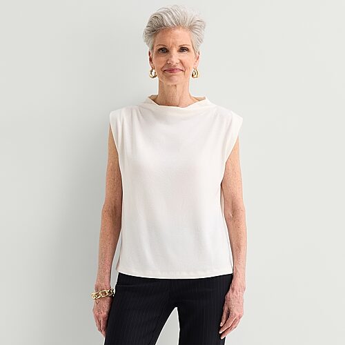 Liz Claiborne Womens Funnel Neck Short Sleeve Blouse In White