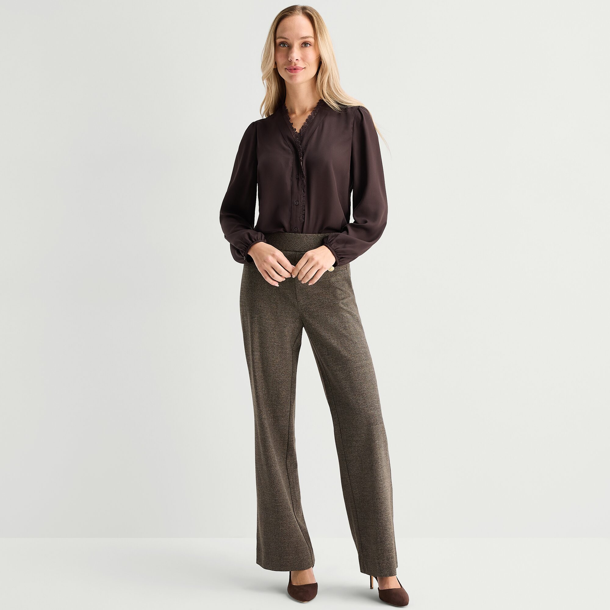 Liz Claiborne Lace Womens V Neck Bishop Long Sleeve Regular Fit Button-Down Shirt
