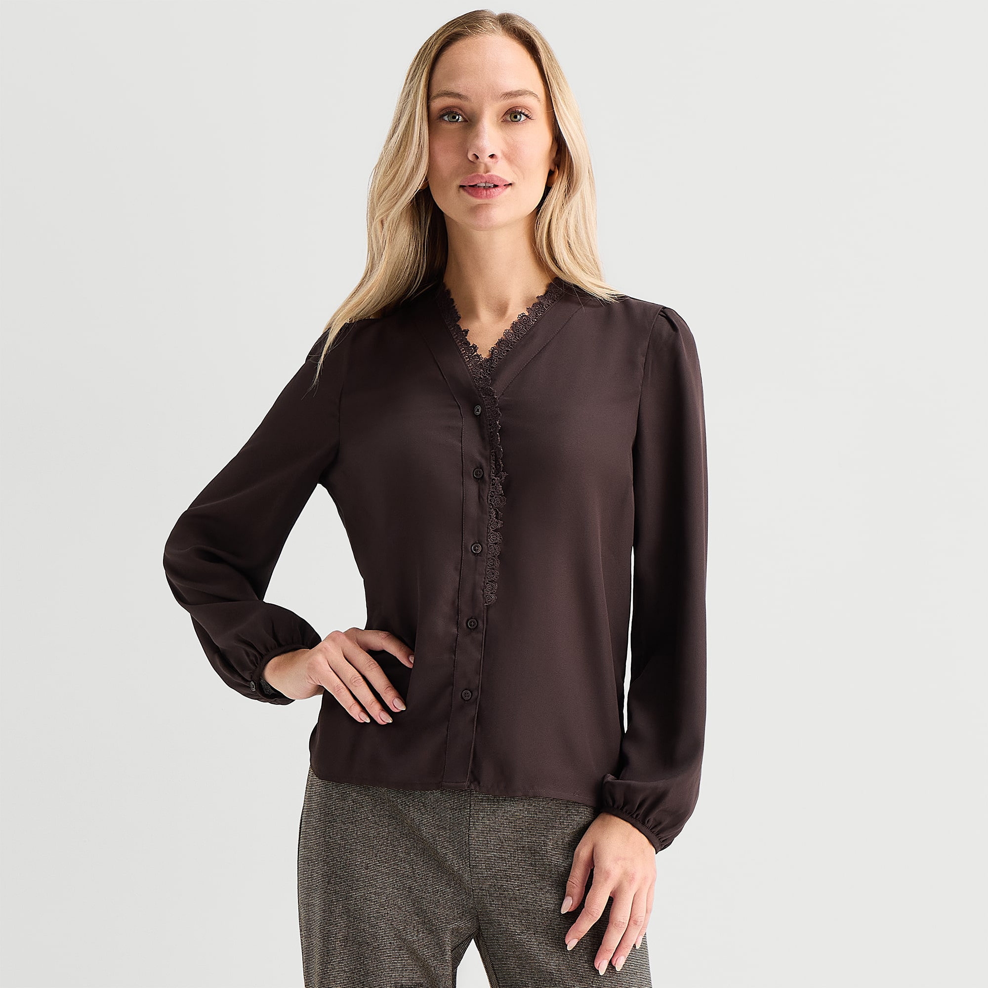 Liz Claiborne Lace Womens V Neck Bishop Long Sleeve Regular Fit Button-Down Shirt