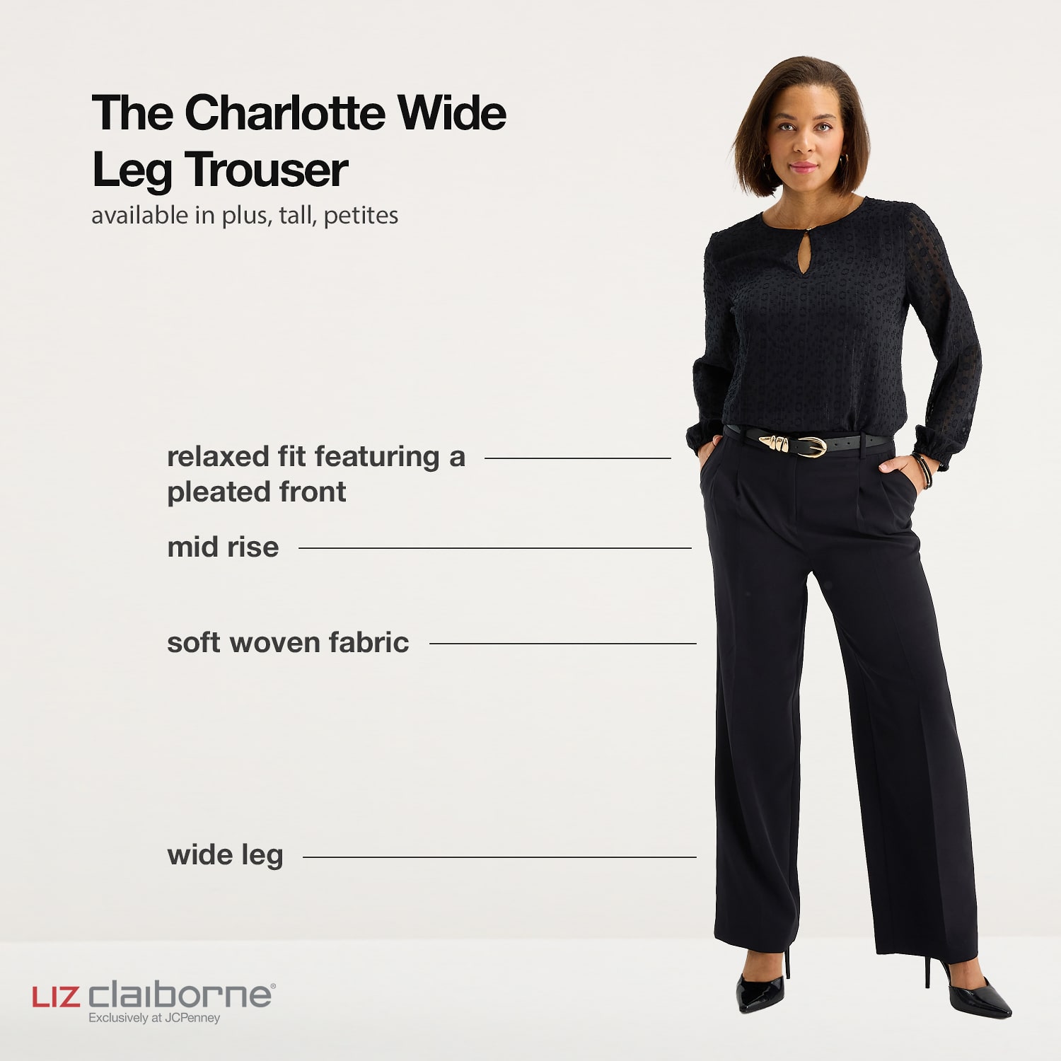 Liz Claiborne Womens Tall Wide Leg Mid Rise Trouser