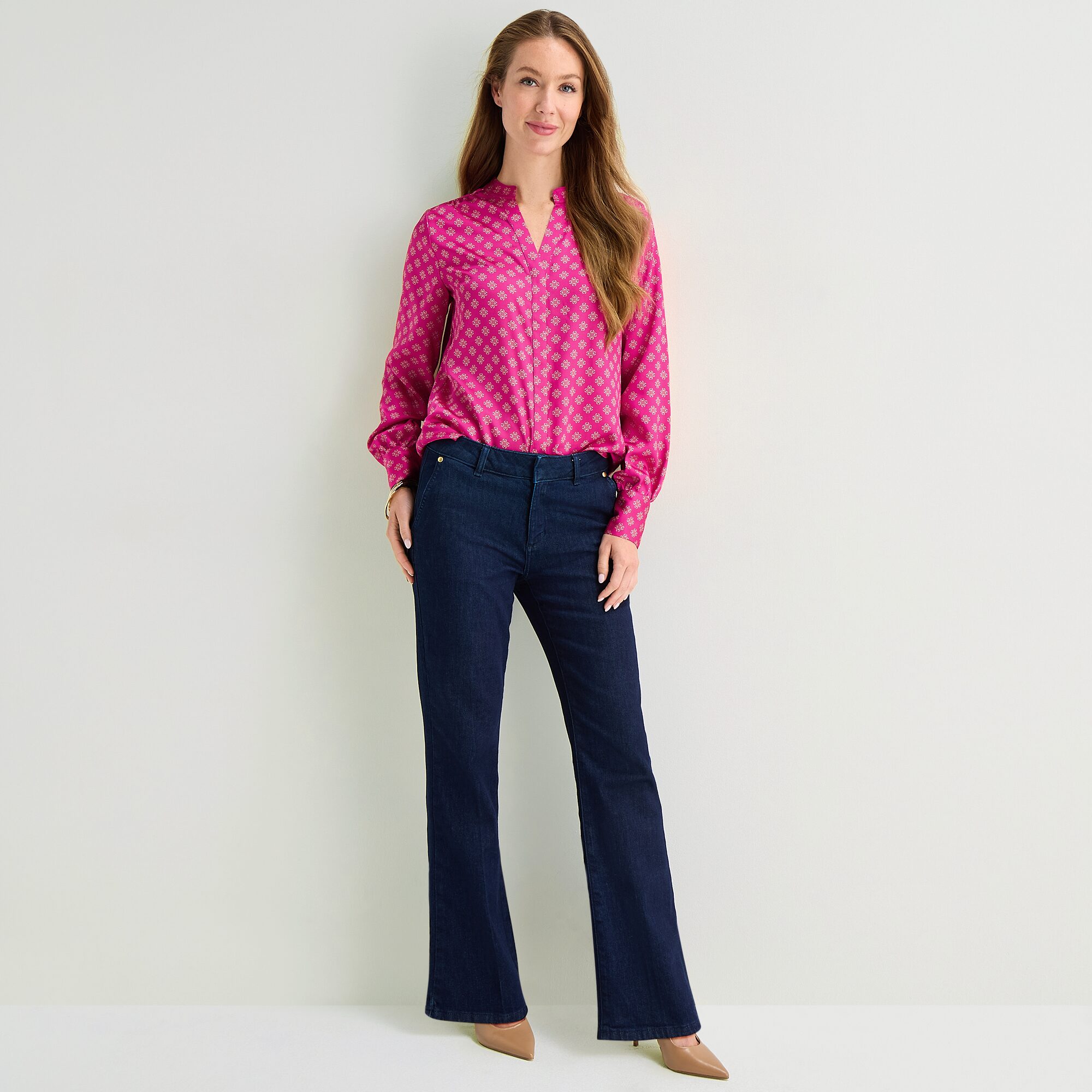 Liz Claiborne Womens Tall Split Crew Neck Cuffed Long Sleeve Regular Fit Button-Down Shirt