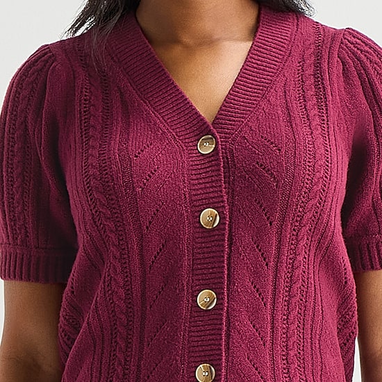 Liz Claiborne Womens V Neck Short Sleeve Button Cardigan