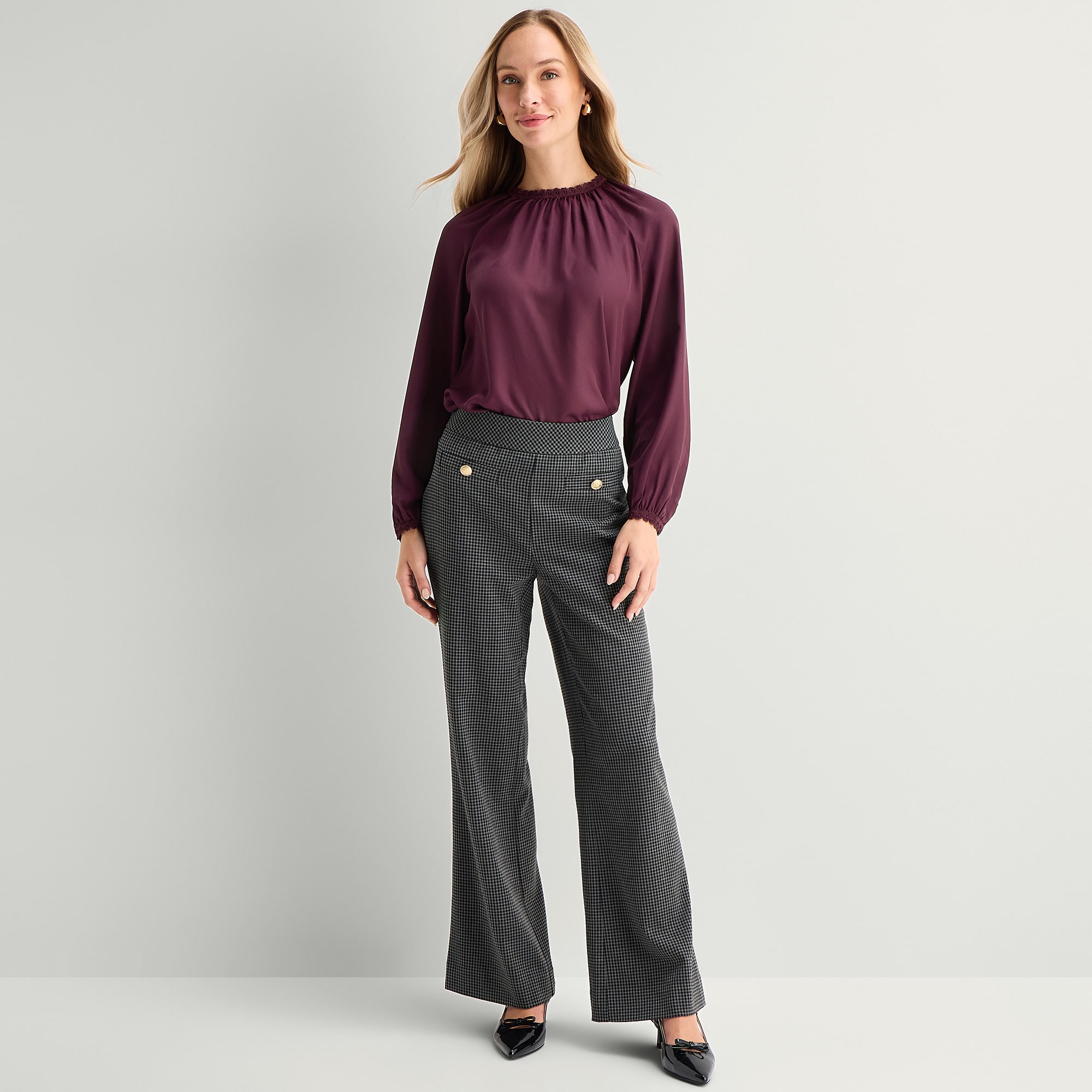 Liz Claiborne Lace Trim Womens Round Neck Long Sleeve Blouse