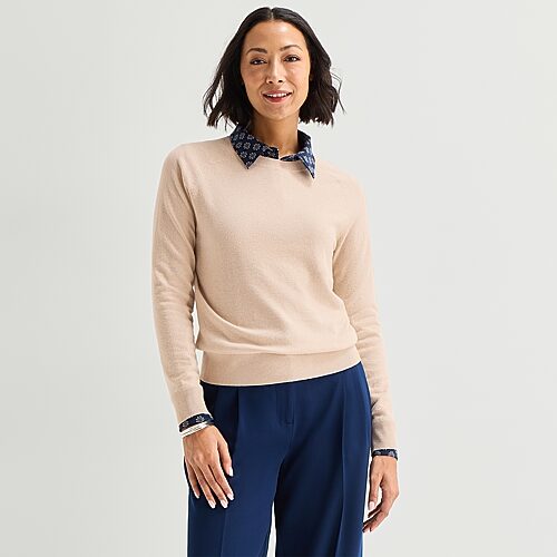 Liz Claiborne Tall Luxe Womens Crew Neck Long Sleeve Pullover Sweater In Beige