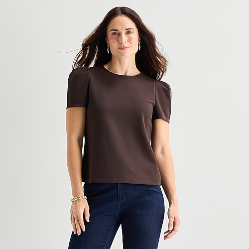 Liz Claiborne Womens Crew Neck Short Sleeve Blouse In Brown