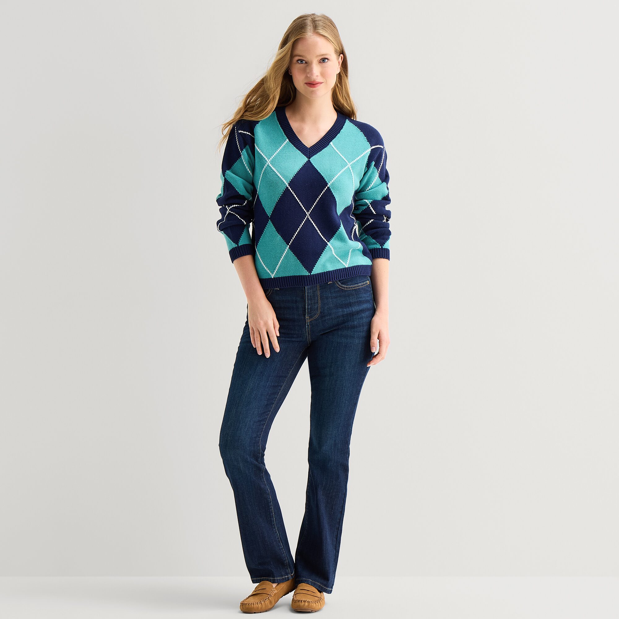 St. John's Bay Womens V Neck Long Sleeve Argyle Pullover Sweater