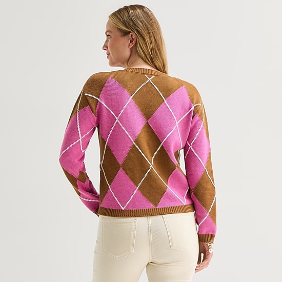 St. John's Bay Womens V Neck Long Sleeve Argyle Pullover Sweater