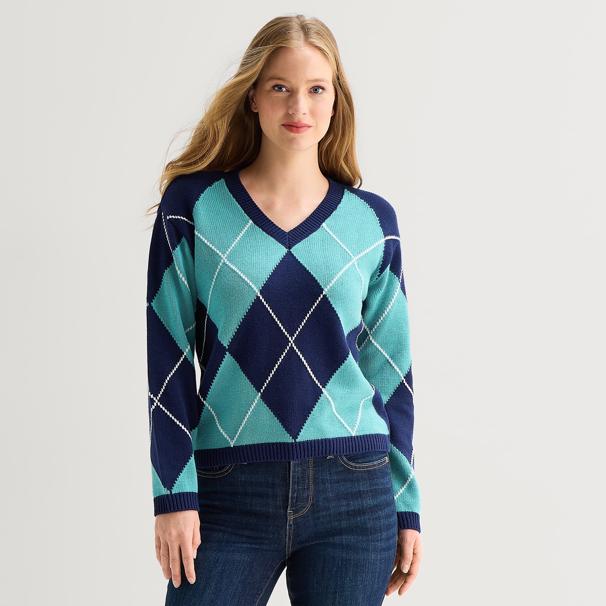 St. John's Bay Womens V Neck Long Sleeve Argyle Pullover Sweater