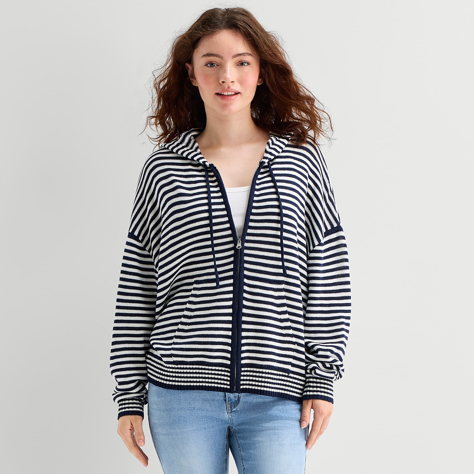 Forever 21 Juniors Womens Hooded Long Sleeve Striped Pullover Sweater