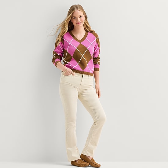 St. John's Bay Womens V Neck Long Sleeve Argyle Pullover Sweater