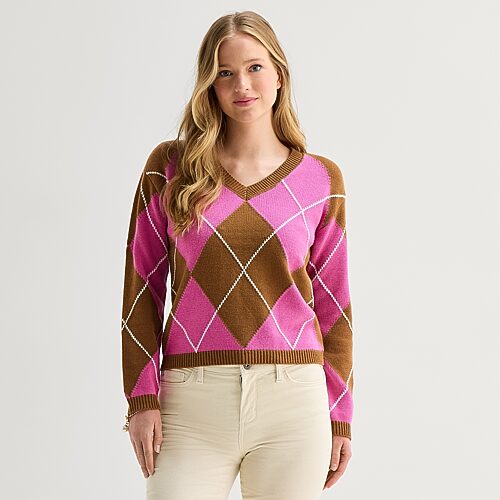 St. John's Bay Womens V Neck Long Sleeve Argyle Pullover Sweater In Pink