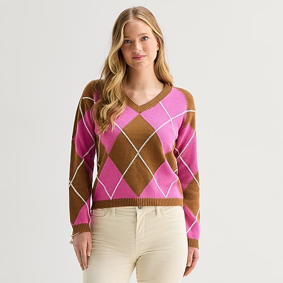St. John's Bay Womens V Neck Long Sleeve Argyle Pullover Sweater