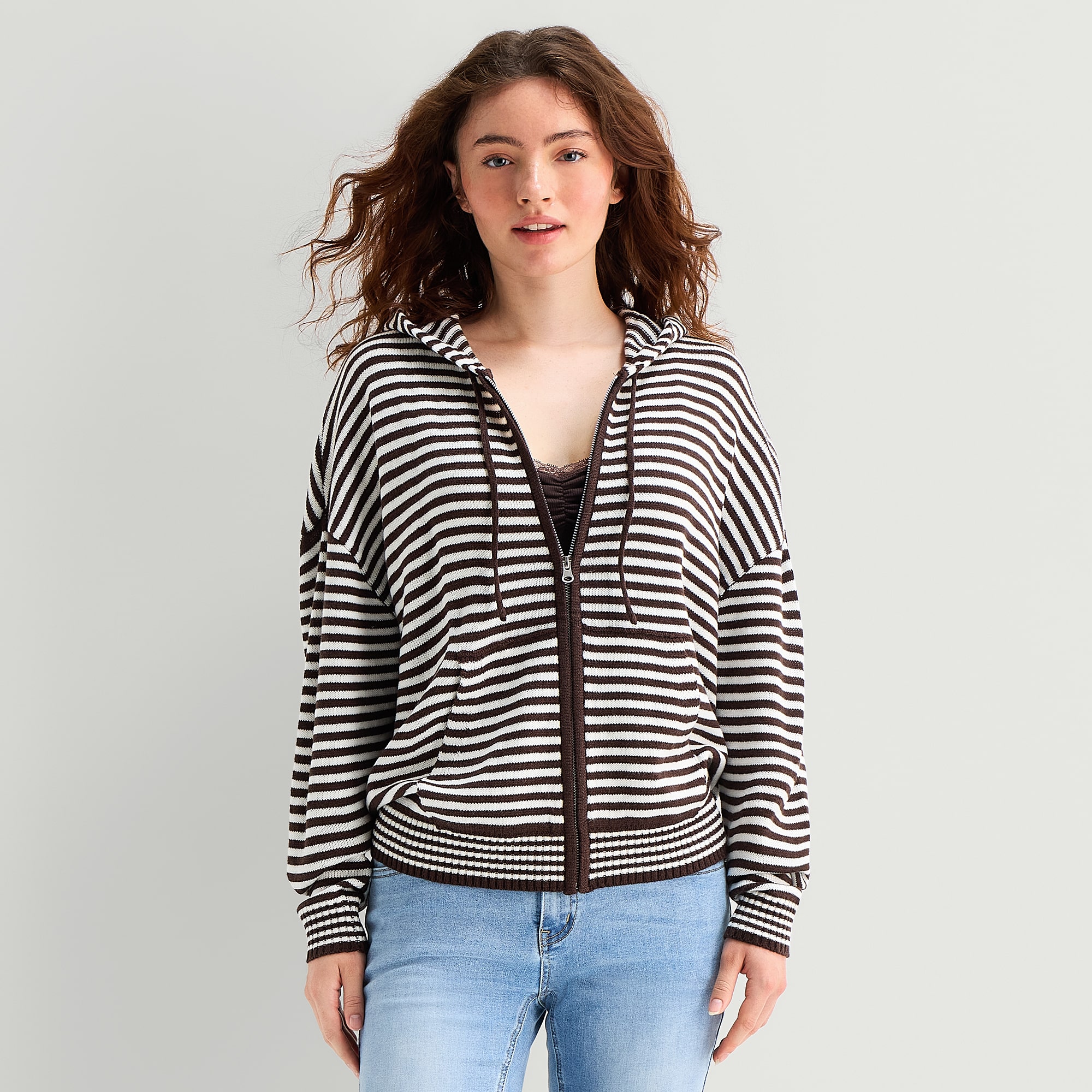 Forever 21 Juniors Womens Hooded Long Sleeve Striped Pullover Sweater