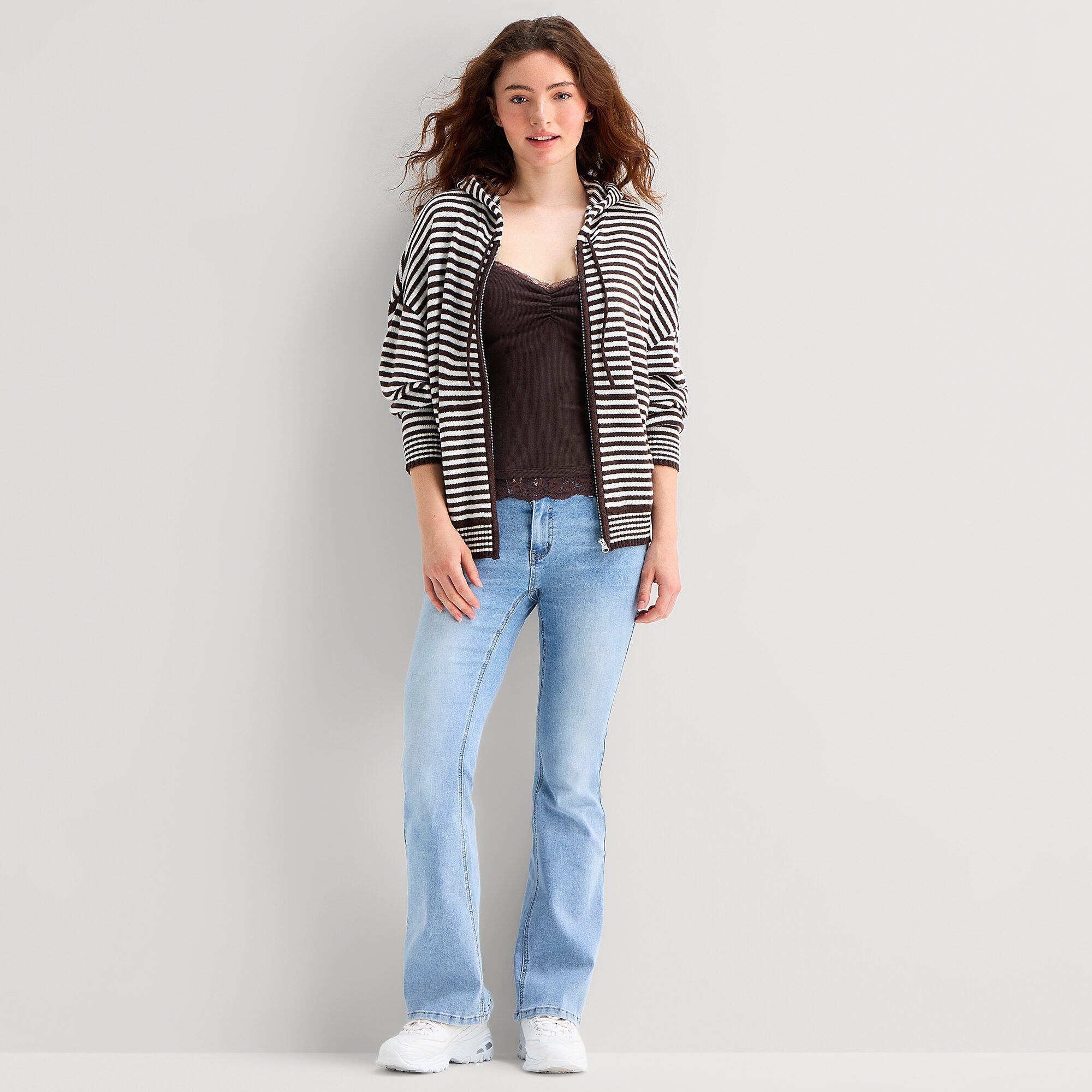 Forever 21 Juniors Womens Hooded Long Sleeve Striped Pullover Sweater