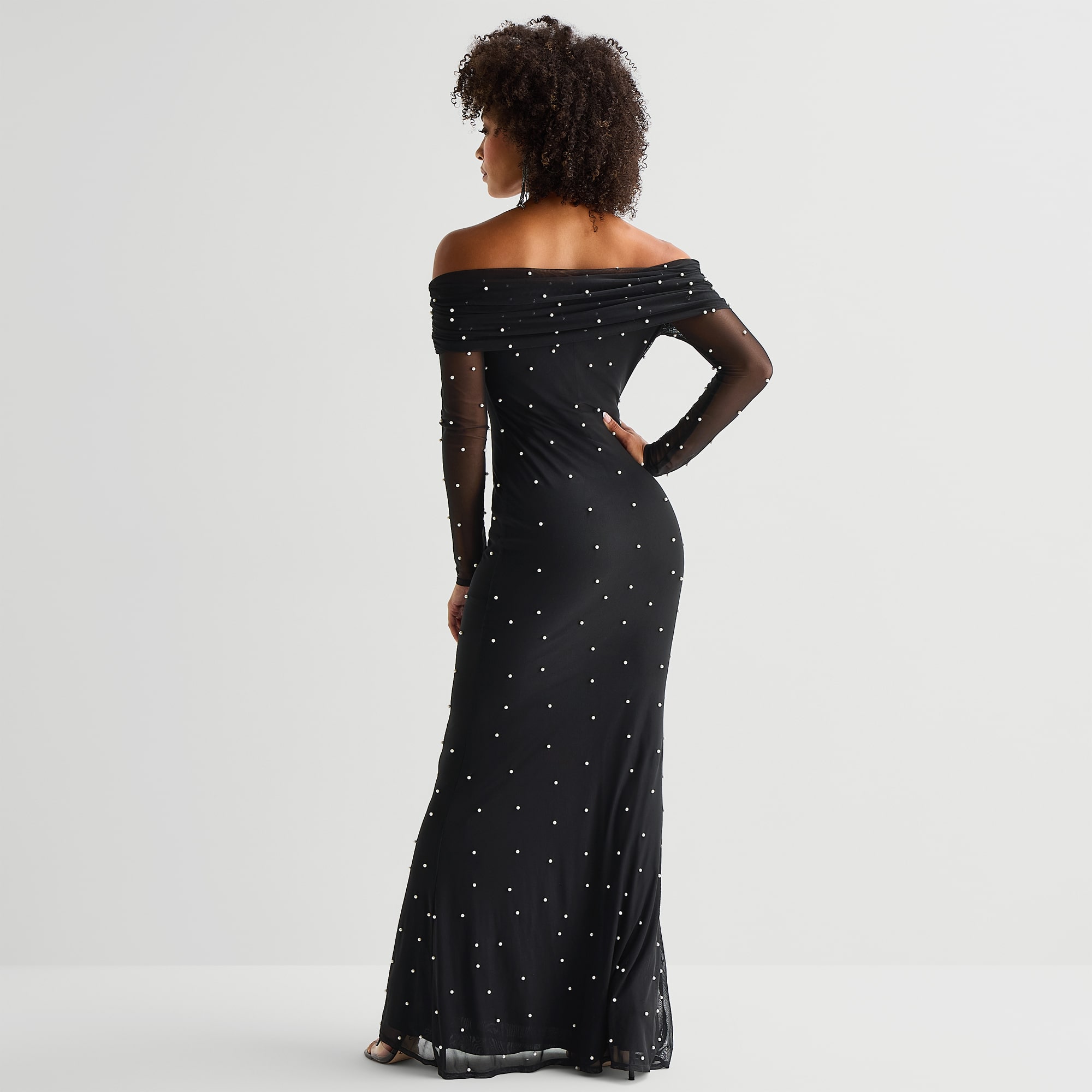 Premier Amour Womens Straight Neck Long Sleeve Off the Shoulder Pearl Trim Evening Gown