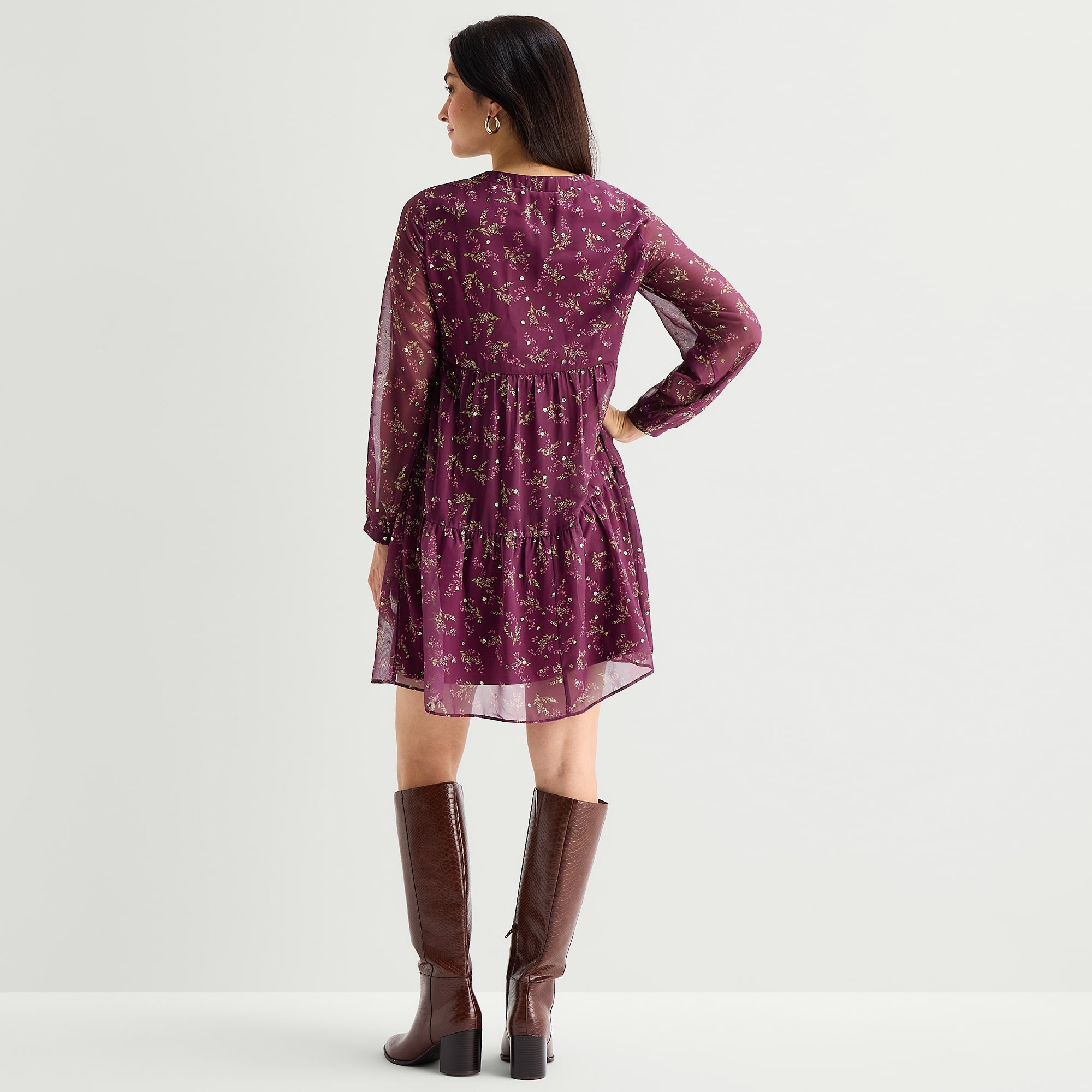 Perceptions Womens Split Crew Neck Long Sleeve Balloon Chiffon Floral Fit + Flare Dress
