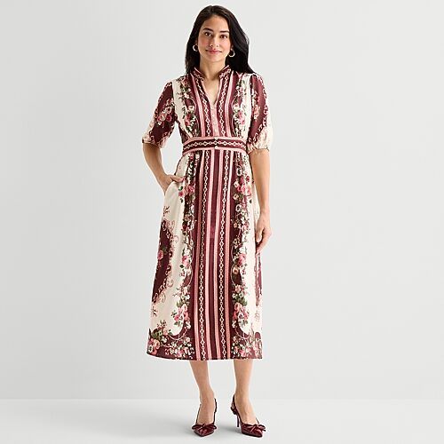 Danny & Nicole Womens Short Sleeve Midi Floral Shirt Dress In Red