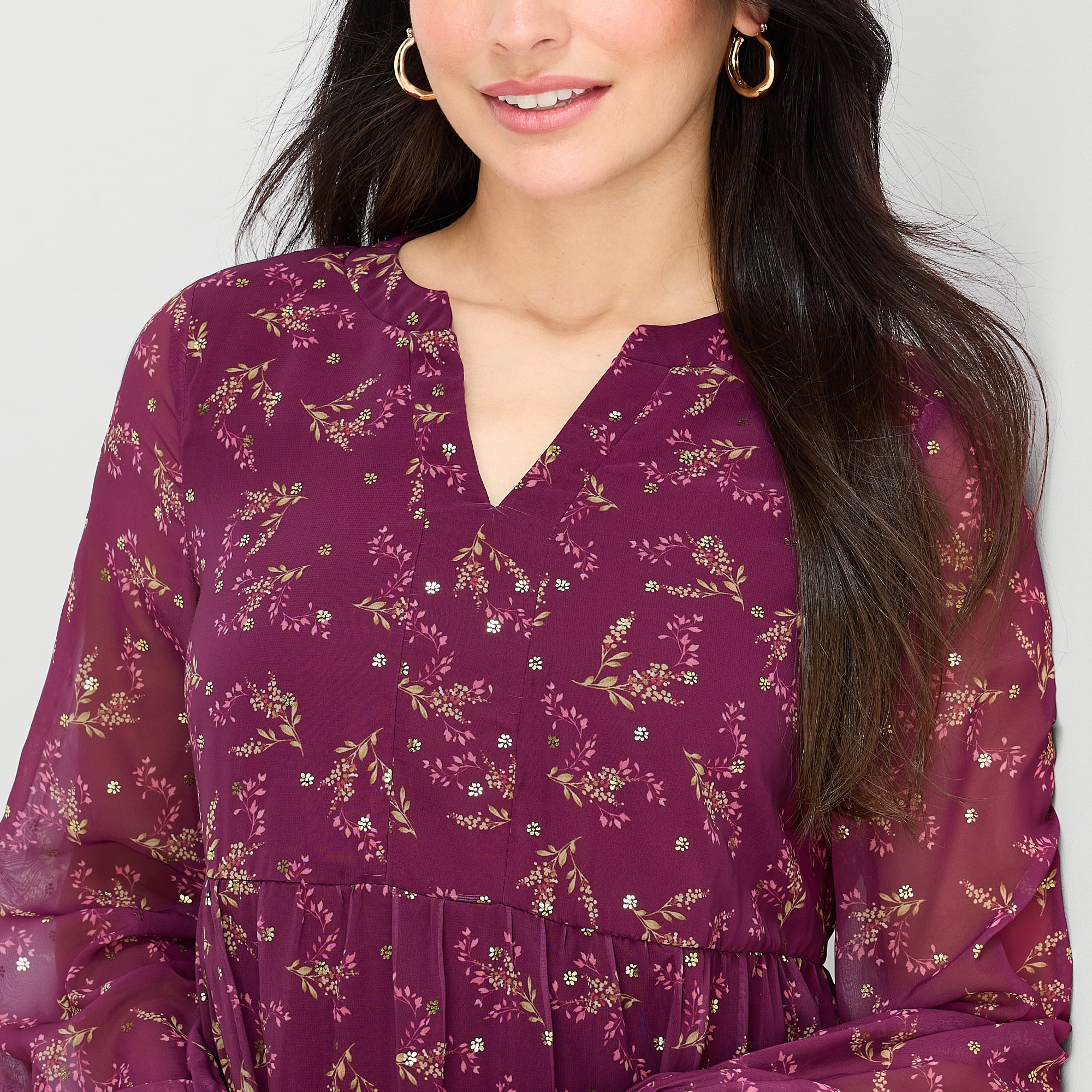 Perceptions Womens Split Crew Neck Long Sleeve Balloon Chiffon Floral Fit + Flare Dress