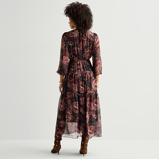 Isabel & Nina Womens V Neck Long Sleeve Bishop Chiffon Maxi Dress