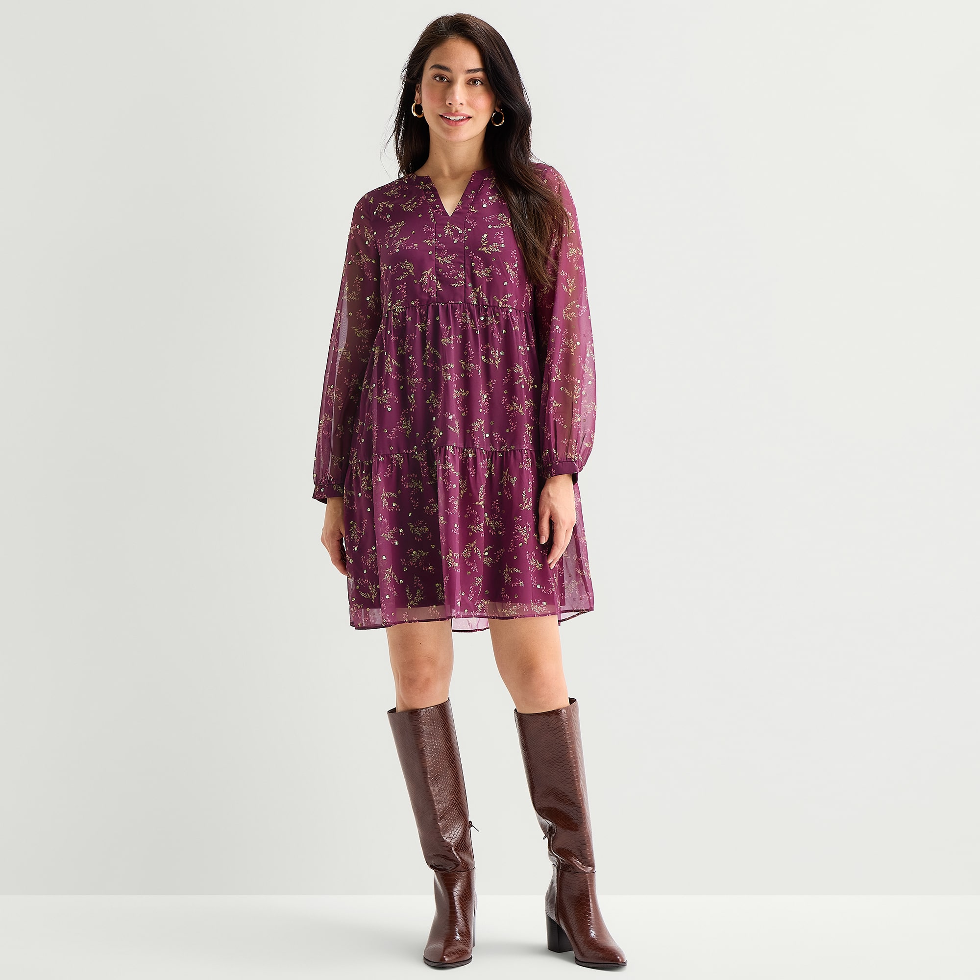 Perceptions Womens Split Crew Neck Long Sleeve Balloon Chiffon Floral Fit + Flare Dress