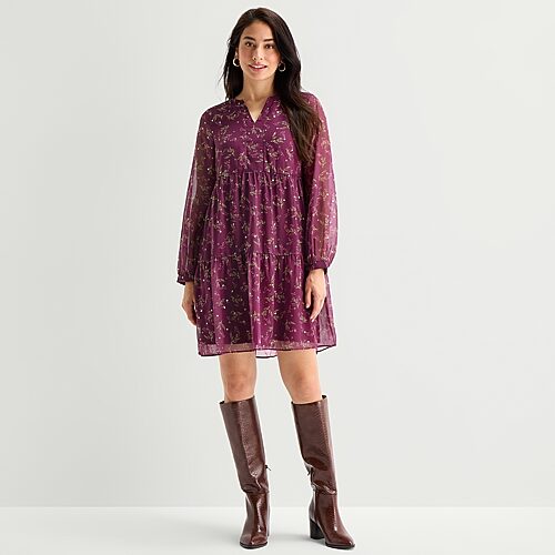 Perceptions Womens V Neck Long Sleeve Balloon Chiffon Floral Fit + Flare Dress In Purple