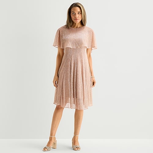 Danny & Nicole Womens Round Neck Short Sleeve Cape Cape Fit + Flare Dress In Pink